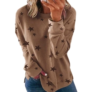 Detail of brown long-sleeved sweatshirt featuring a dark brown star pattern print