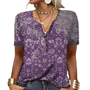 Women's V-neck short sleeve T-shirt with purple floral print and button details