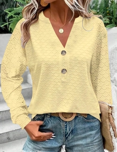 Women V-neck long sleeve top in light yellow with textured jacquard fabric and buttons