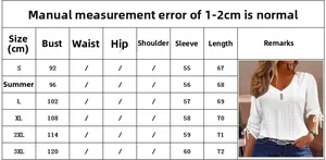 Size chart for women's long sleeve V-neck top with detailed jacquard fabric and button detail