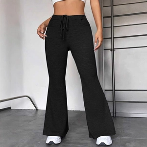 Pantalon de yoga évasé noir taille haute pour femme avec cordon et texture maille chinée