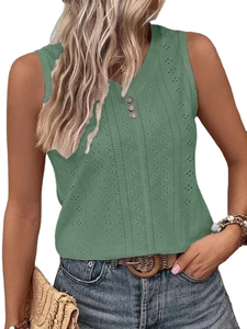 Sage green sleeveless boho knit tank top with V-neck and wooden buttons for women