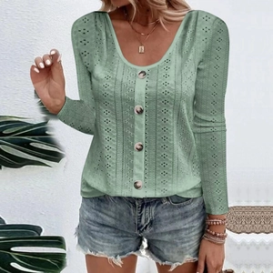 Sage green long sleeve top with eyelet knit texture and button front detail