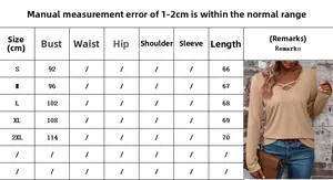Size chart table for V-neck long sleeve casual top showing chest and length measurements