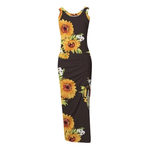 Detail of sunflower print sleeveless maxi dress with side drawstring ruched slit detail