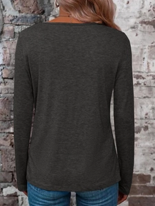 Rear view of a casual dark grey long-sleeve knit top for women with soft texture detail