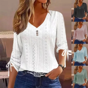 Women's Casual V-Neck Jacquard T-Shirt Solid Color Long Sleeve Top With Buttons And Tie-Up Cuffs Loose Fit Fashion Blouse