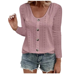 Women's casual long sleeve knit top in dusty pink with button detail and round neck