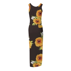 Detail view of sunflower floral print on a slim fit sleeveless summer maxi dress
