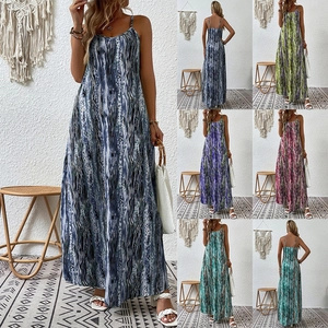 Women Bohemian Abstract Print Cami Maxi Dress Sleeveless Vacation Beach Long Dress Polyester Spandex Summer Fashion