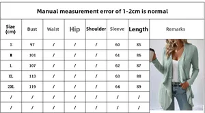 Size chart showing bust, sleeve, and length for women's long sleeve knit cardigan