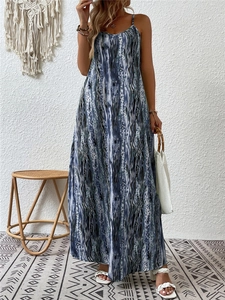 Bohemian women's maxi dress with blue marble print and adjustable spaghetti straps