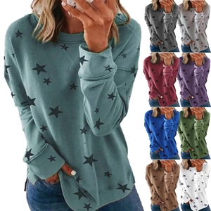 Women Casual Star Print Long Sleeve Sweatshirt Loose Round Neck Pullover Top With Side Slit Spring Autumn Fashion Streetwear