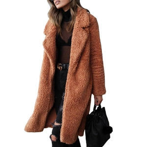 Women's winter caramel teddy plush long coat with large lapels in street style