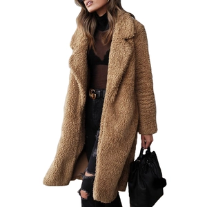 Women's brown long teddy coat with lapel and oversized pockets for winter warmth