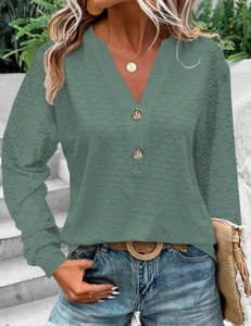 Women's sage green long sleeve V-neck top with eyelet texture and decorative buttons