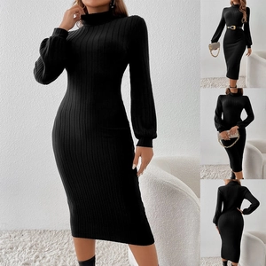 Women Elegant High Neck Ribbed Knit Long Sleeve Midi Dress Solid Color Slim Fit Bodycon Casual Party Knitted Dress