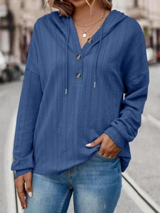 Women's dark blue hooded sweatshirt with textured fabric and V-neck button detail