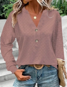 Women's V-neck long sleeve top in dusty rose with hollow eyelet texture and metal buttons