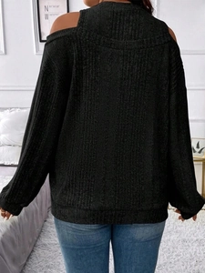 Women's chic black cold-shoulder knit top with vertical ribbed texture for autumn fashion