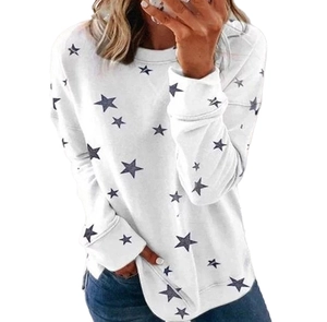 Loose white long-sleeve sweatshirt for women featuring grey star prints and crew neck design
