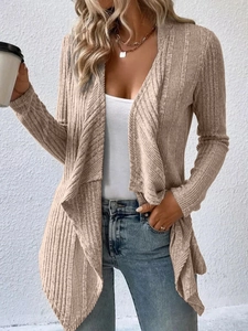Detailed view of oatmeal ribbed knit cardigan showing soft fabric texture and long sleeves