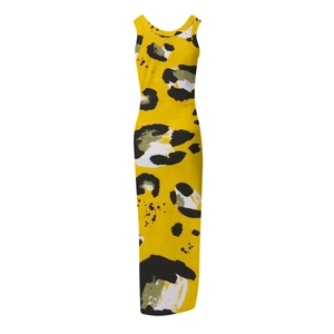 Close-up of stretchy yellow leopard print fabric with side slit on a sleeveless maxi dress