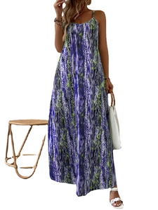 Women's trendy summer maxi dress with purple and green abstract stripes and thin straps