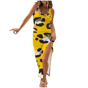 Detail view of leopard print summer dress featuring a high side slit and slim fit design