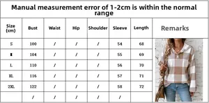 Size guide for women's plaid hooded sweatshirt with chest measurements and fit details