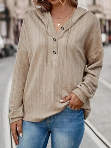 Women's khaki knit hoodie with V-neck button detail and textured herringbone pattern