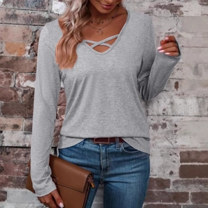 Women's light grey V-neck long sleeve T-shirt with criss-cross detail and loose fit
