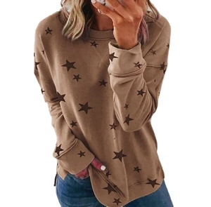 Women's brown crewneck sweatshirt with black star print and side slits casual style