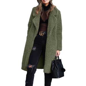 Women's mid-length grass green faux shearling coat with lapel and thick curly texture
