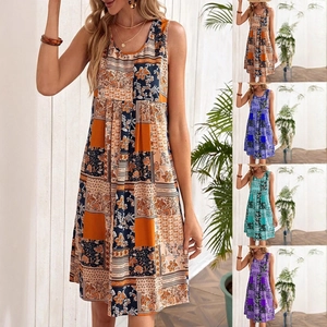 Robe Midi Sans Manches pour Femme Imprimé Floral Patchwork Bohème Été Coupe en A Col Rond Décontracté Vacances