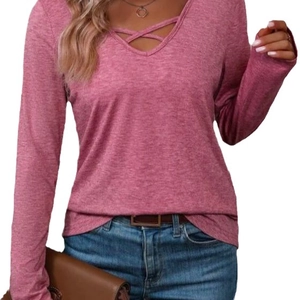 Women's pink long sleeve V-neck top with cross collar design and slim fit style