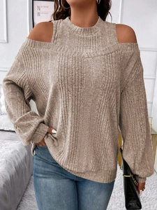 Oatmeal off-shoulder knit sweater with ribbed neckline and loose fit for women
