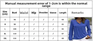 Detailed size chart for long sleeve V-neck top showing bust and length from S to 2XL