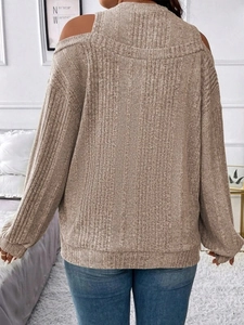 Detailed back view of oatmeal knit top with off-shoulder design and ribbed texture