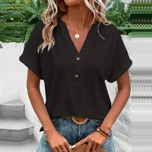Women's black V-neck t-shirt with button details and rolled sleeves for casual wear