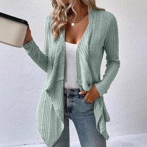 Light green long sleeve knit cardigan with ribbed texture and asymmetric drape