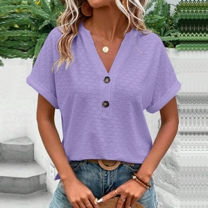Women's lavender purple V-neck short sleeve T-shirt with waffle texture and button detail