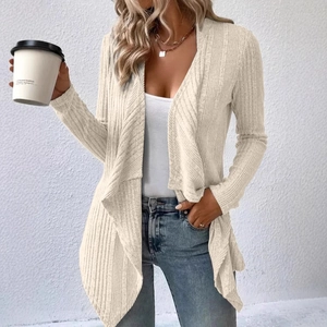 Women's ribbed knit cardigan in beige with an open front and asymmetrical hem detail