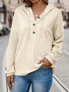 Sudadera con capucha oversize para mujer en crema con escote en V y botones