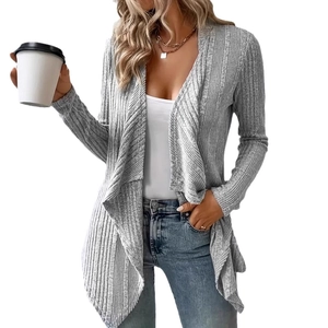 Women's light grey long sleeve knit cardigan with ribbed texture and asymmetric hemline