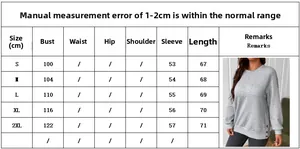Detailed size chart for women's casual crewneck sweatshirt with manual measurement guide