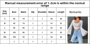 Detailed size chart for white long sleeve flare top showing measurements in centimeters