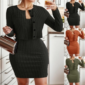Ensemble Deux Pièces en Tricot Côtelé pour Femmes Cardigan à Manches Longues Boutonné Et Robe Courte Slim Couleur Unie Automne Hiver Top And Bottom