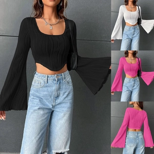 Sexy Solid Color U-Neck Long Flare Sleeve Crop Top For Women Slim Fit Pleated Smocked Texture Short T-Shirt Streetwear