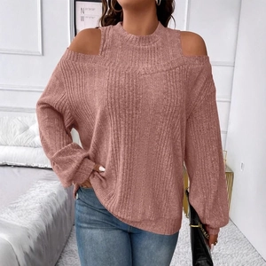 Relaxed off-shoulder ribbed knit sweater in mauve pink, loose fit casual long sleeve top